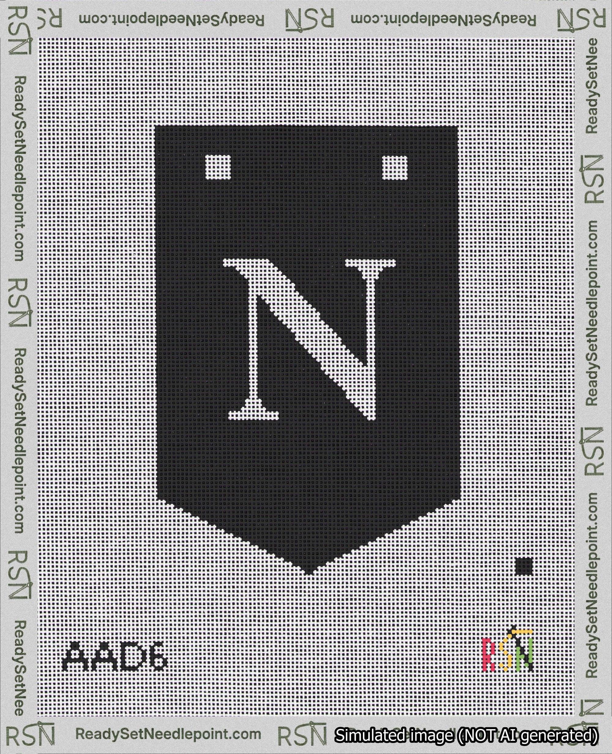 A taped needlepoint canvas with the design: Banner 18 mesh count Pointed N White on Black.