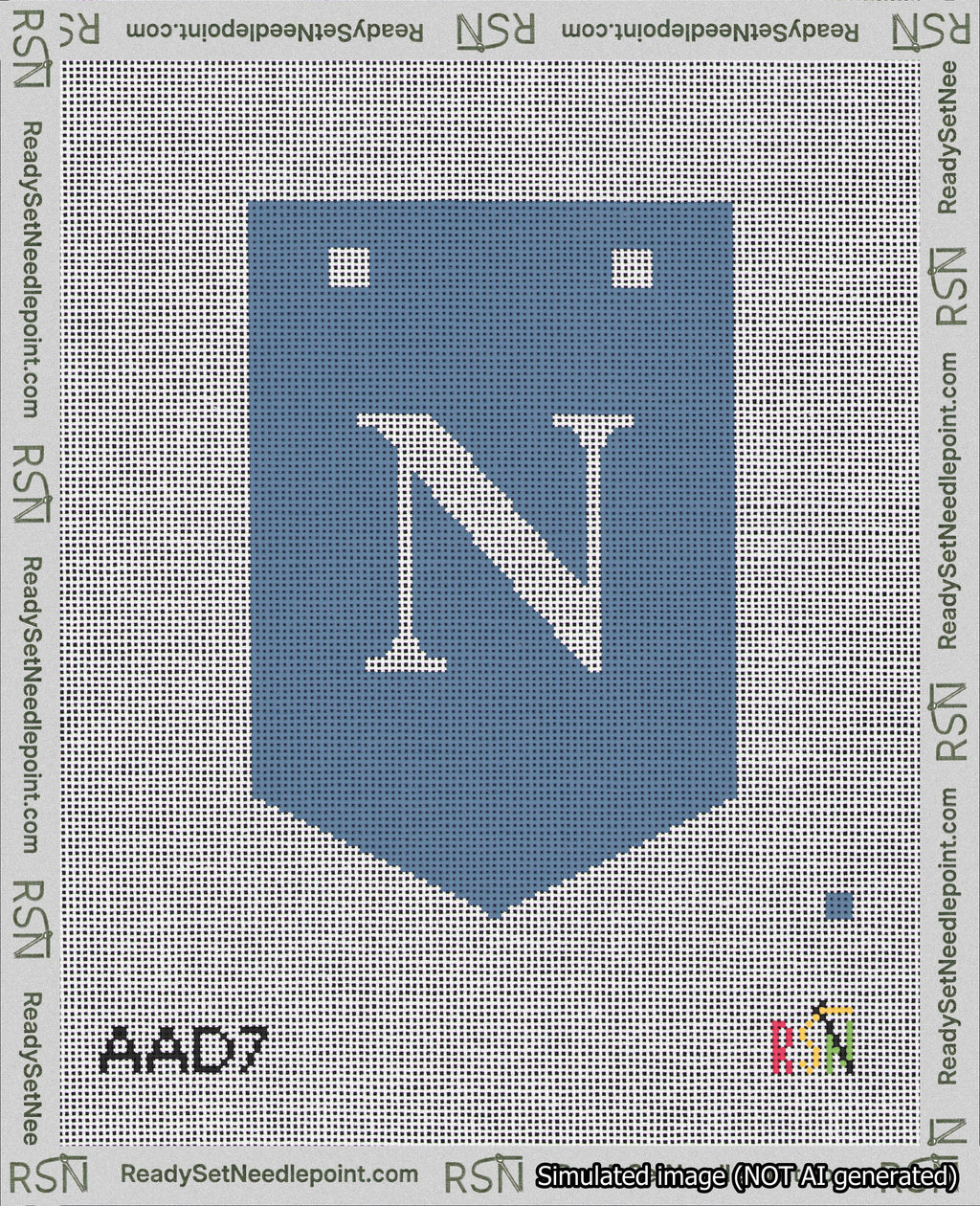 A taped needlepoint canvas with the design: Banner 18 mesh count Pointed N White on Blue.