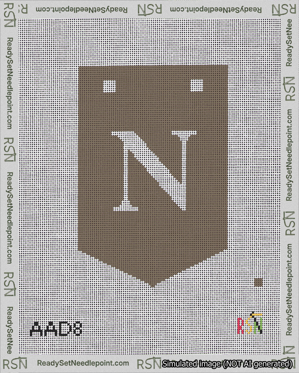 A taped needlepoint canvas with the design: Banner 18 mesh count Pointed N White on Brown.