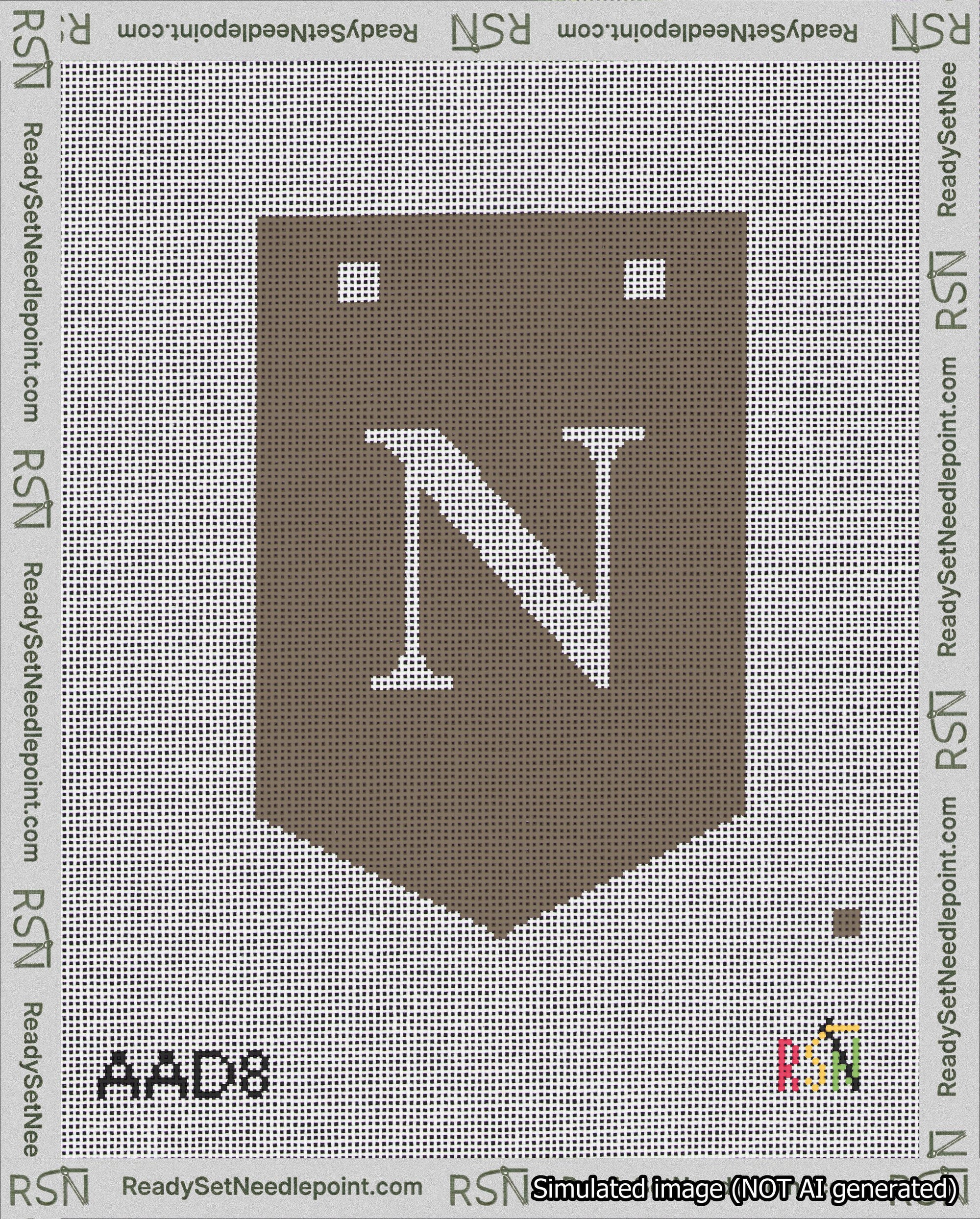 A taped needlepoint canvas with the design: Banner 18 mesh count Pointed N White on Brown.