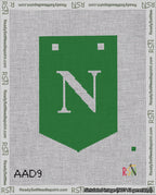 A taped needlepoint canvas with the design: Banner 18 mesh count Pointed N White on Green.