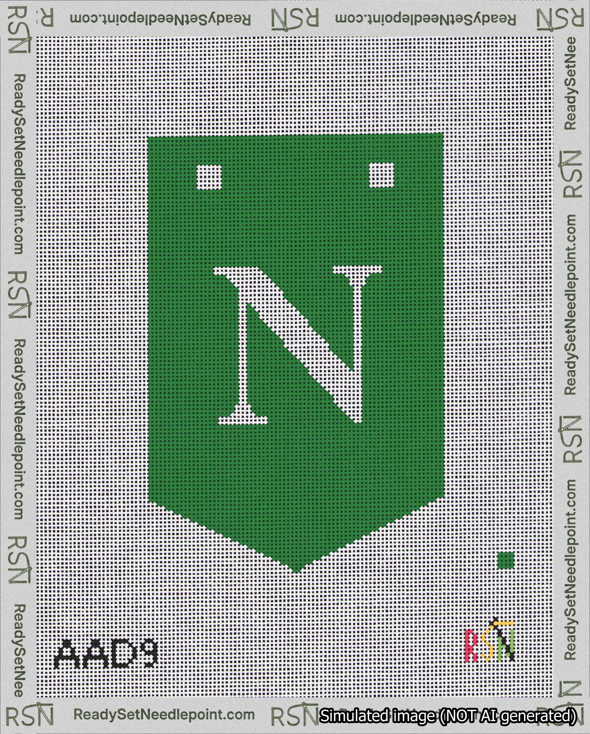 A taped needlepoint canvas with the design: Banner 18 mesh count Pointed N White on Green.
