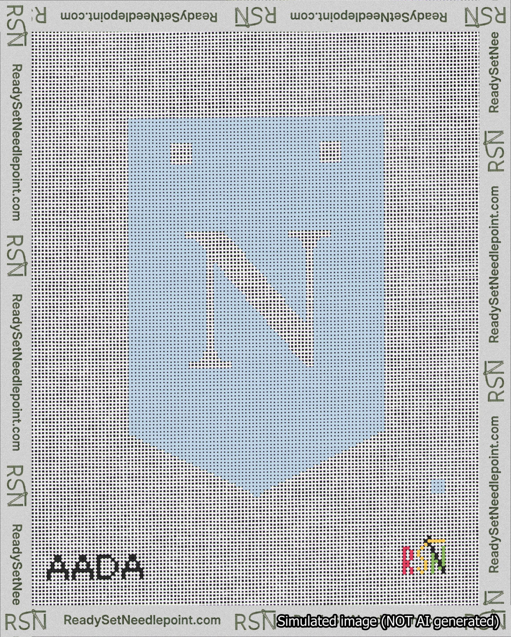A taped needlepoint canvas with the design: Banner 18 mesh count Pointed N White on Light Blue.