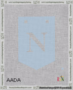 A taped needlepoint canvas with the design: Banner 18 mesh count Pointed N White on Light Blue.