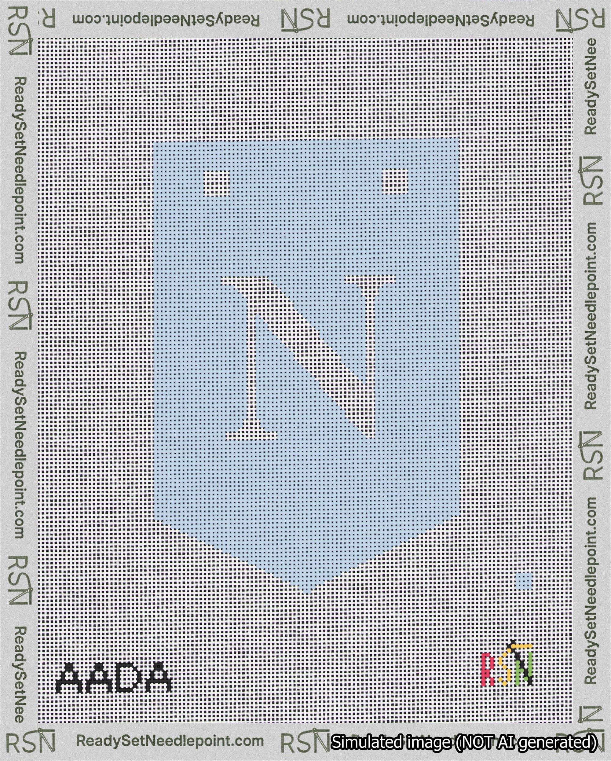 A taped needlepoint canvas with the design: Banner 18 mesh count Pointed N White on Light Blue.