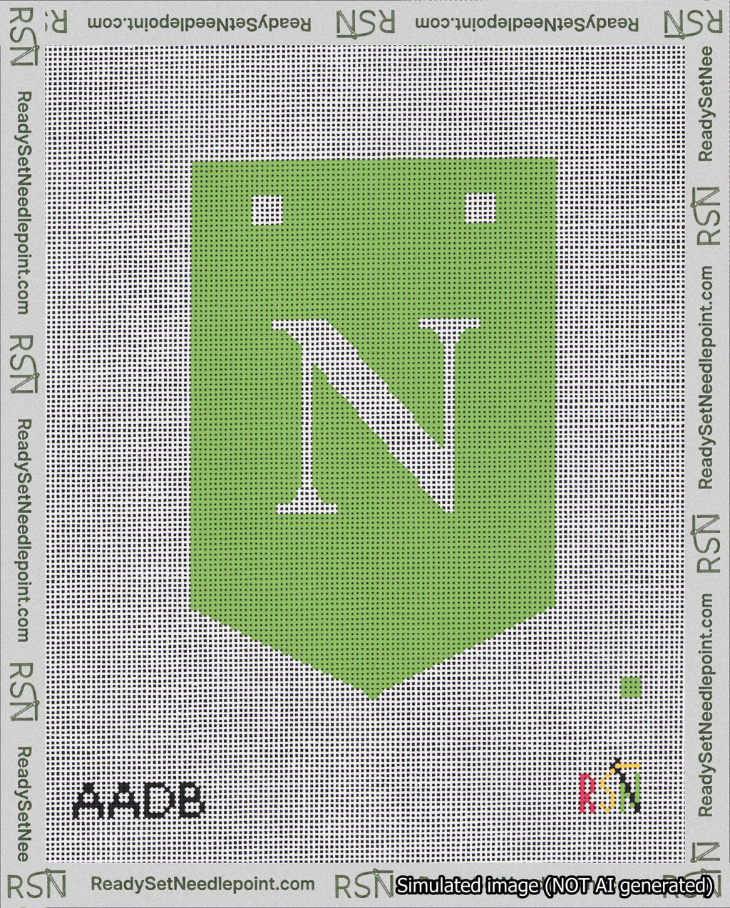 A taped needlepoint canvas with the design: Banner 18 mesh count Pointed N White on Light Green.