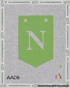 A taped needlepoint canvas with the design: Banner 18 mesh count Pointed N White on Light Green.