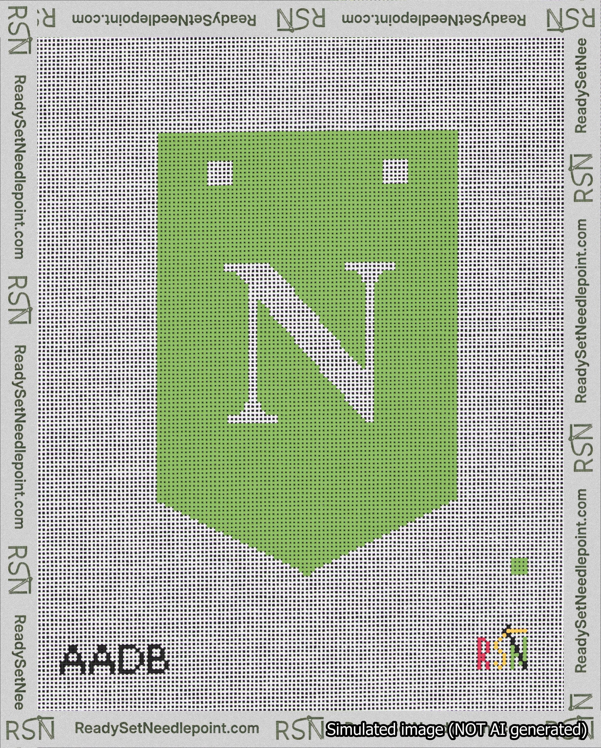 A taped needlepoint canvas with the design: Banner 18 mesh count Pointed N White on Light Green.