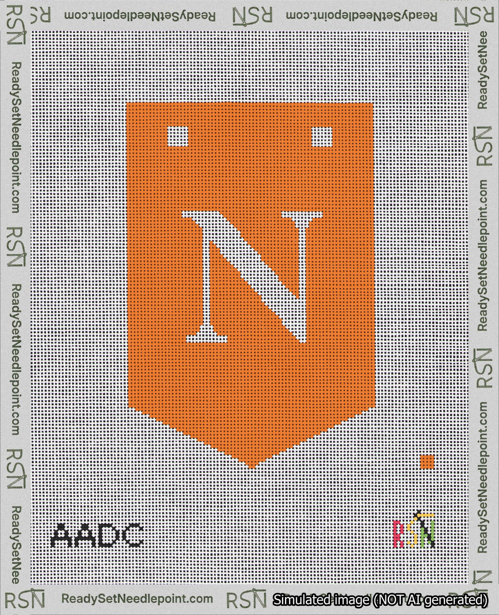 A taped needlepoint canvas with the design: Banner 18 mesh count Pointed N White on Orange.