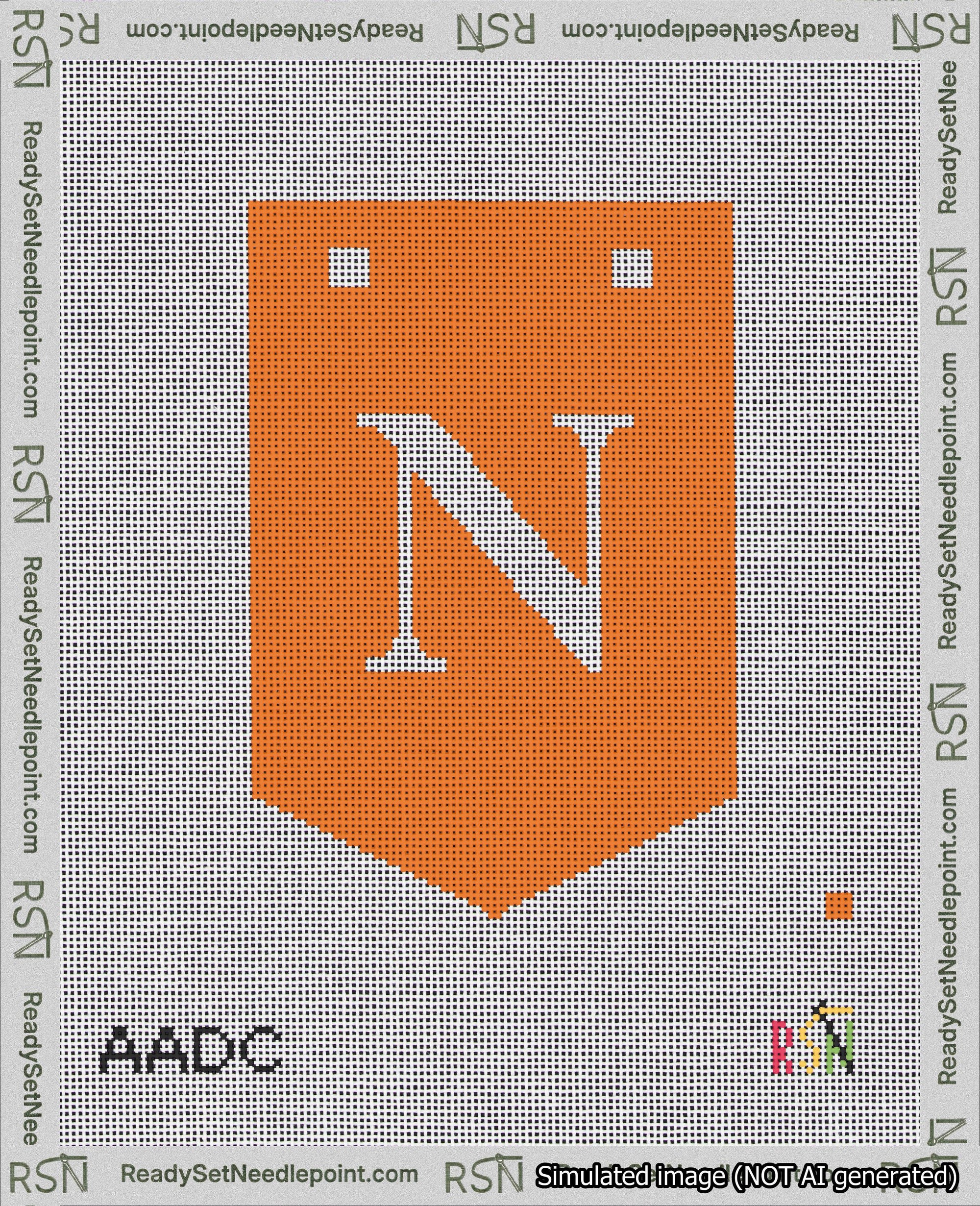 A taped needlepoint canvas with the design: Banner 18 mesh count Pointed N White on Orange.