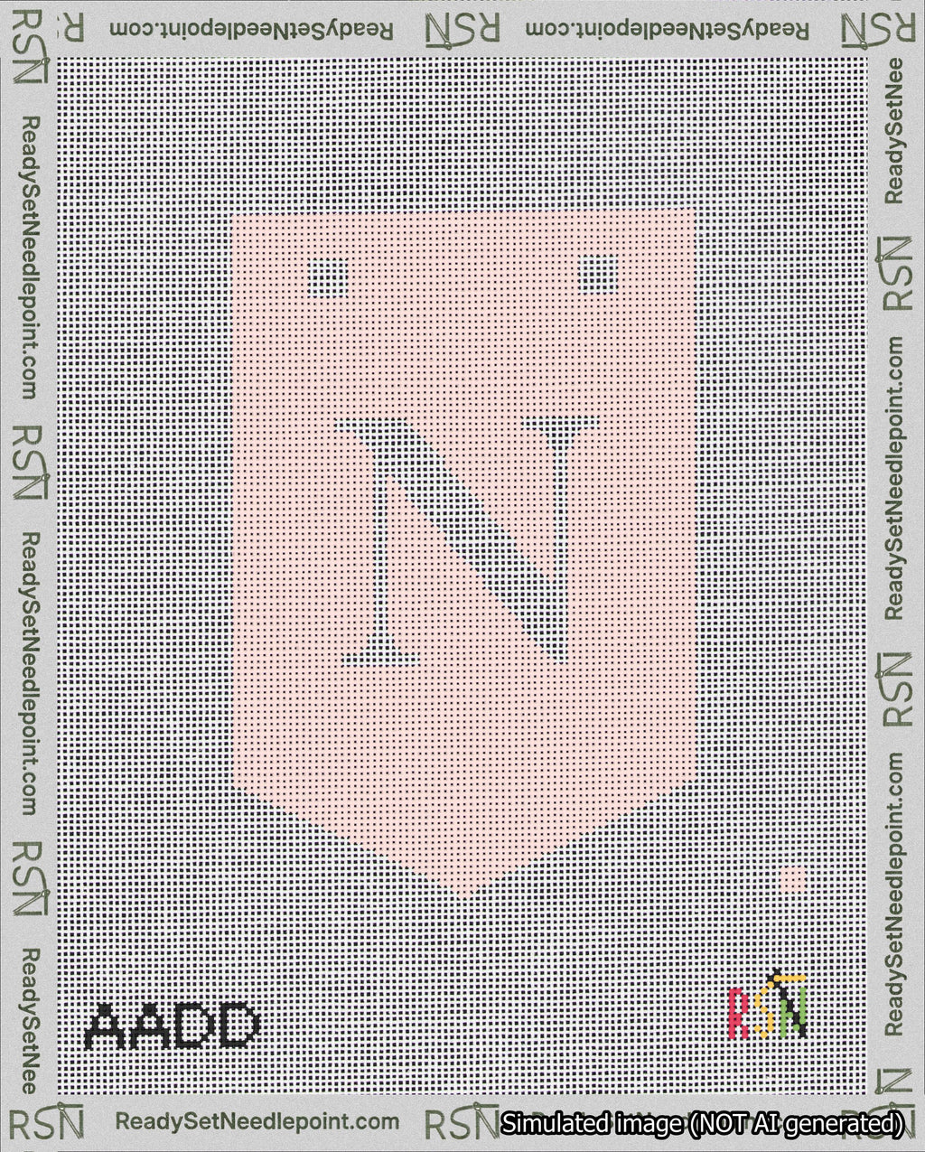 A taped needlepoint canvas with the design: Banner 18 mesh count Pointed N White on Pink.
