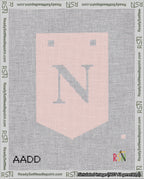 A taped needlepoint canvas with the design: Banner 18 mesh count Pointed N White on Pink.