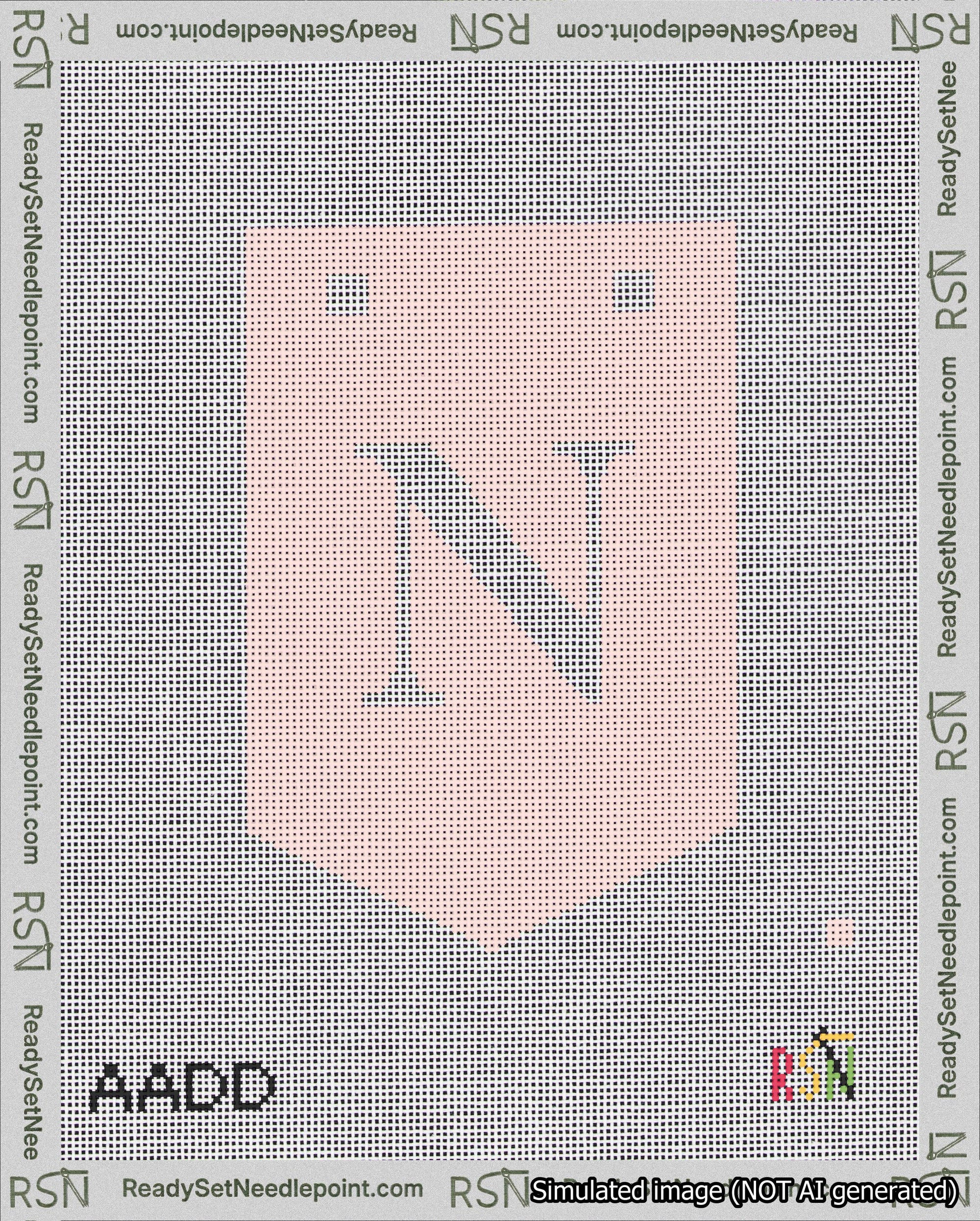A taped needlepoint canvas with the design: Banner 18 mesh count Pointed N White on Pink.