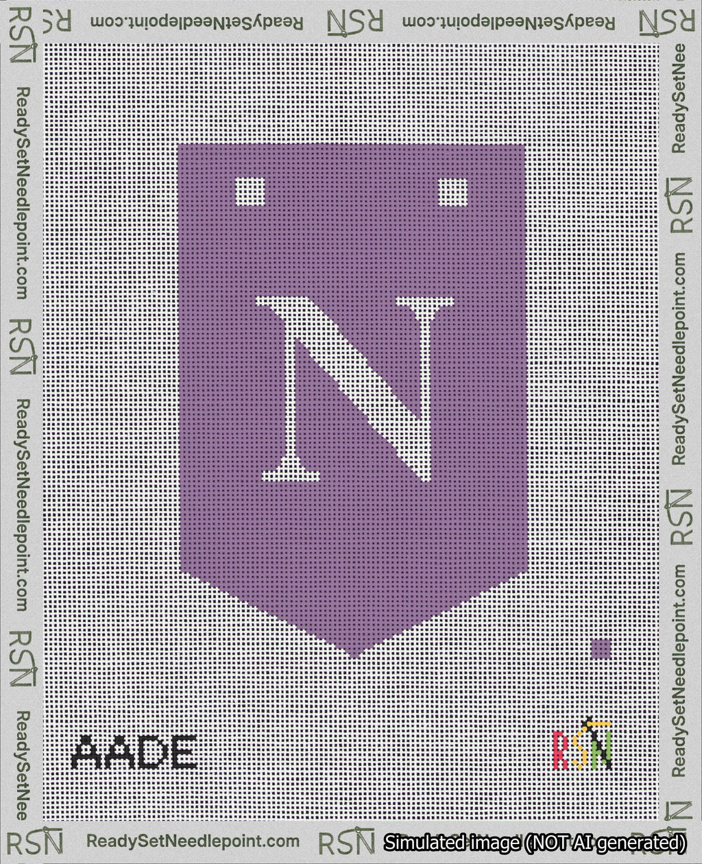 A taped needlepoint canvas with the design: Banner 18 mesh count Pointed N White on Purple.
