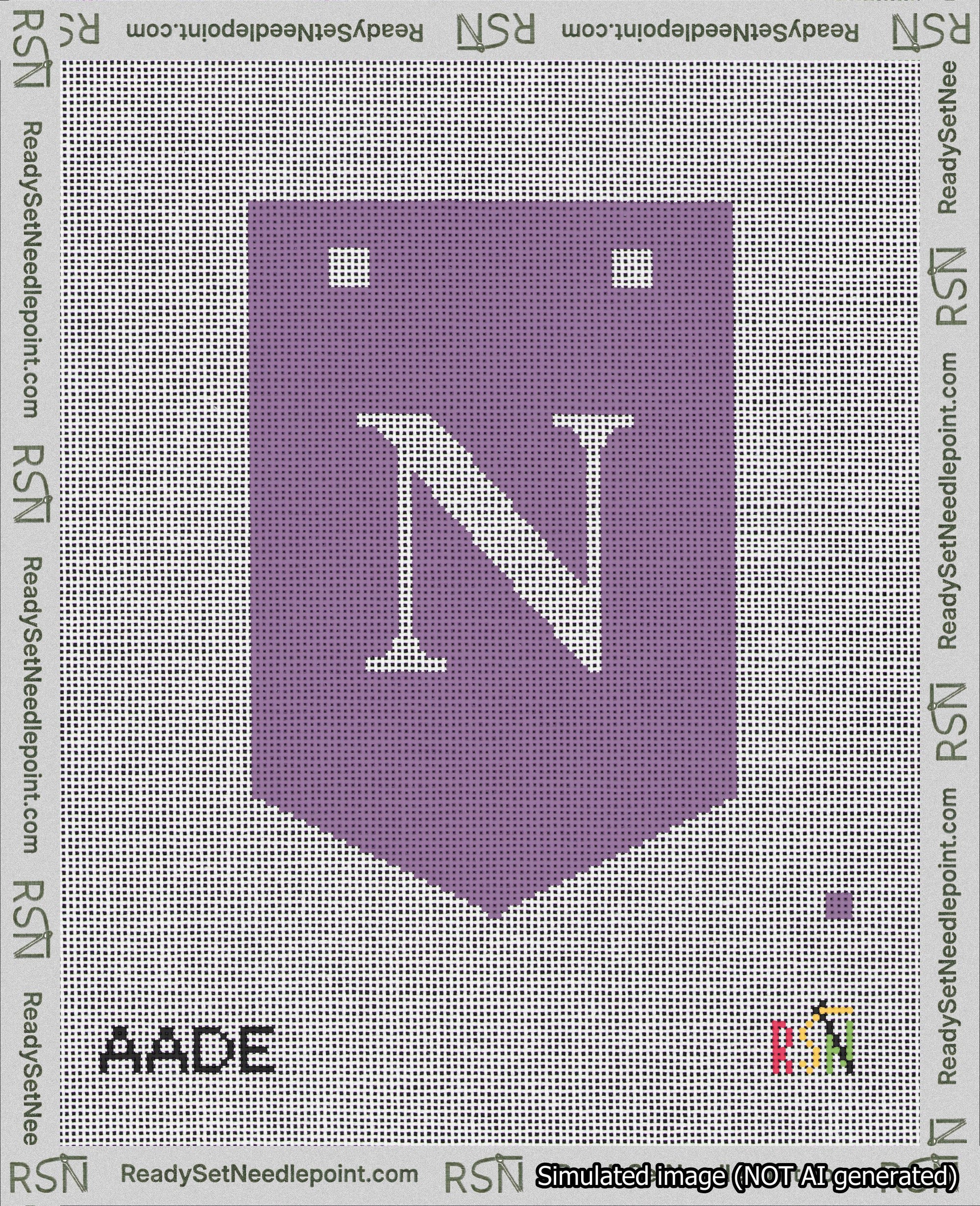 A taped needlepoint canvas with the design: Banner 18 mesh count Pointed N White on Purple.