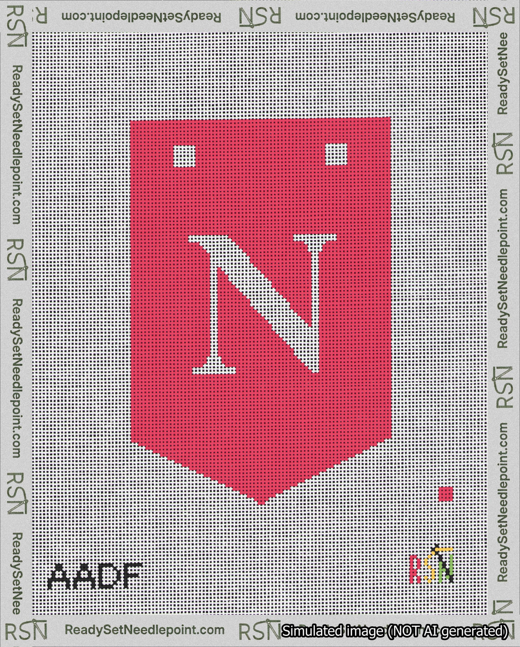 A taped needlepoint canvas with the design: Banner 18 mesh count Pointed N White on Red.