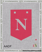 A taped needlepoint canvas with the design: Banner 18 mesh count Pointed N White on Red.