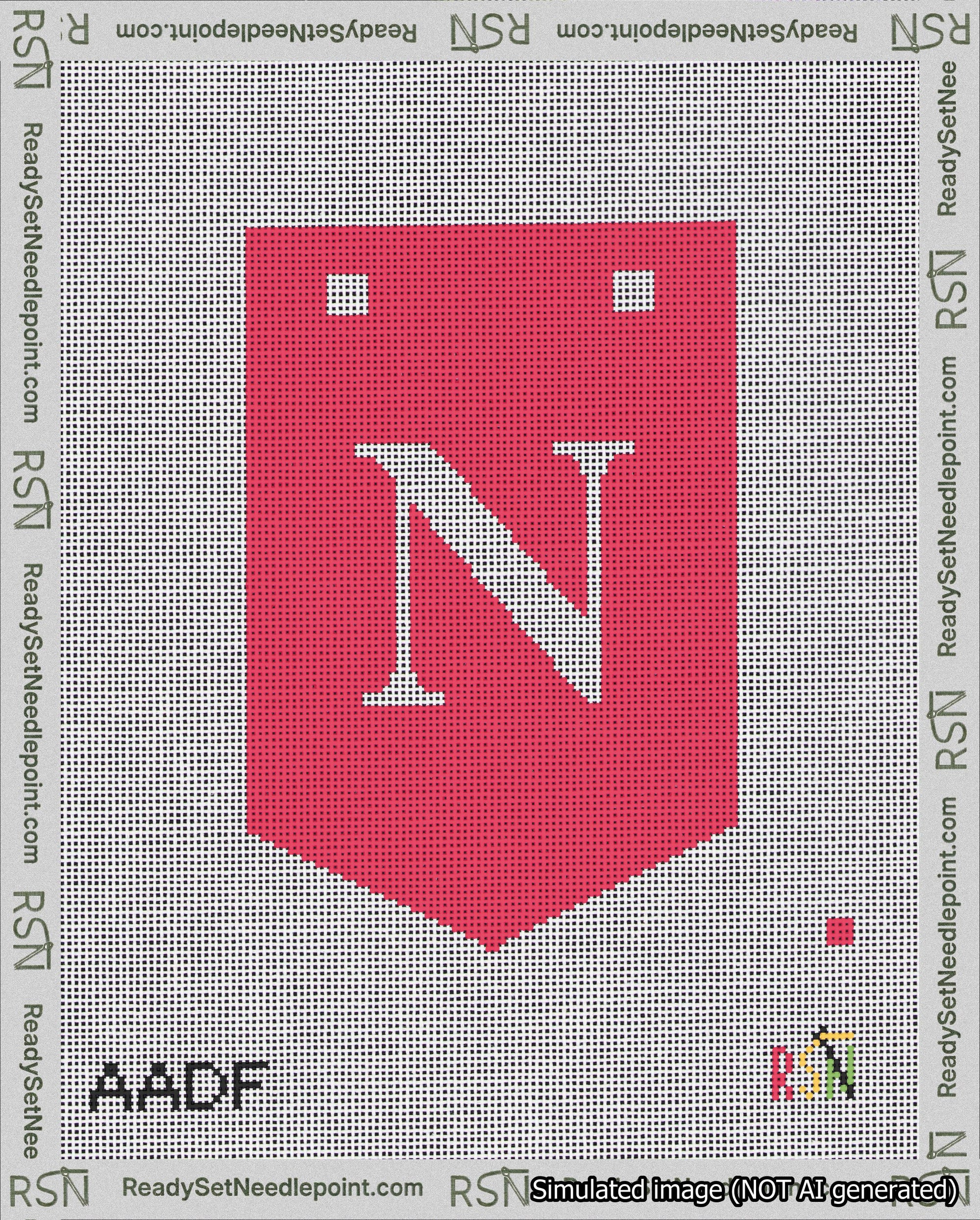 A taped needlepoint canvas with the design: Banner 18 mesh count Pointed N White on Red.