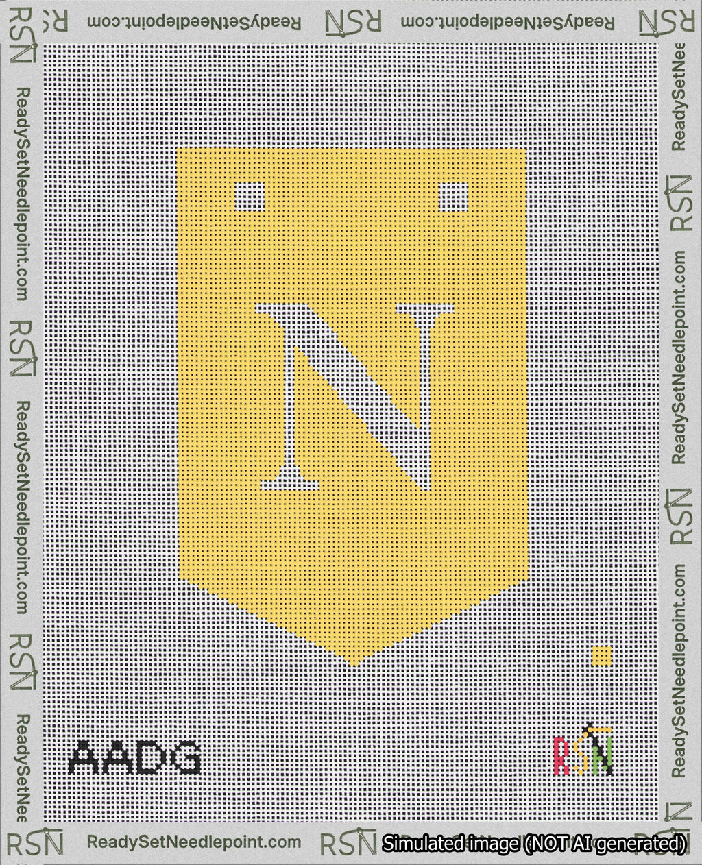 A taped needlepoint canvas with the design: Banner 18 mesh count Pointed N White on Yellow.