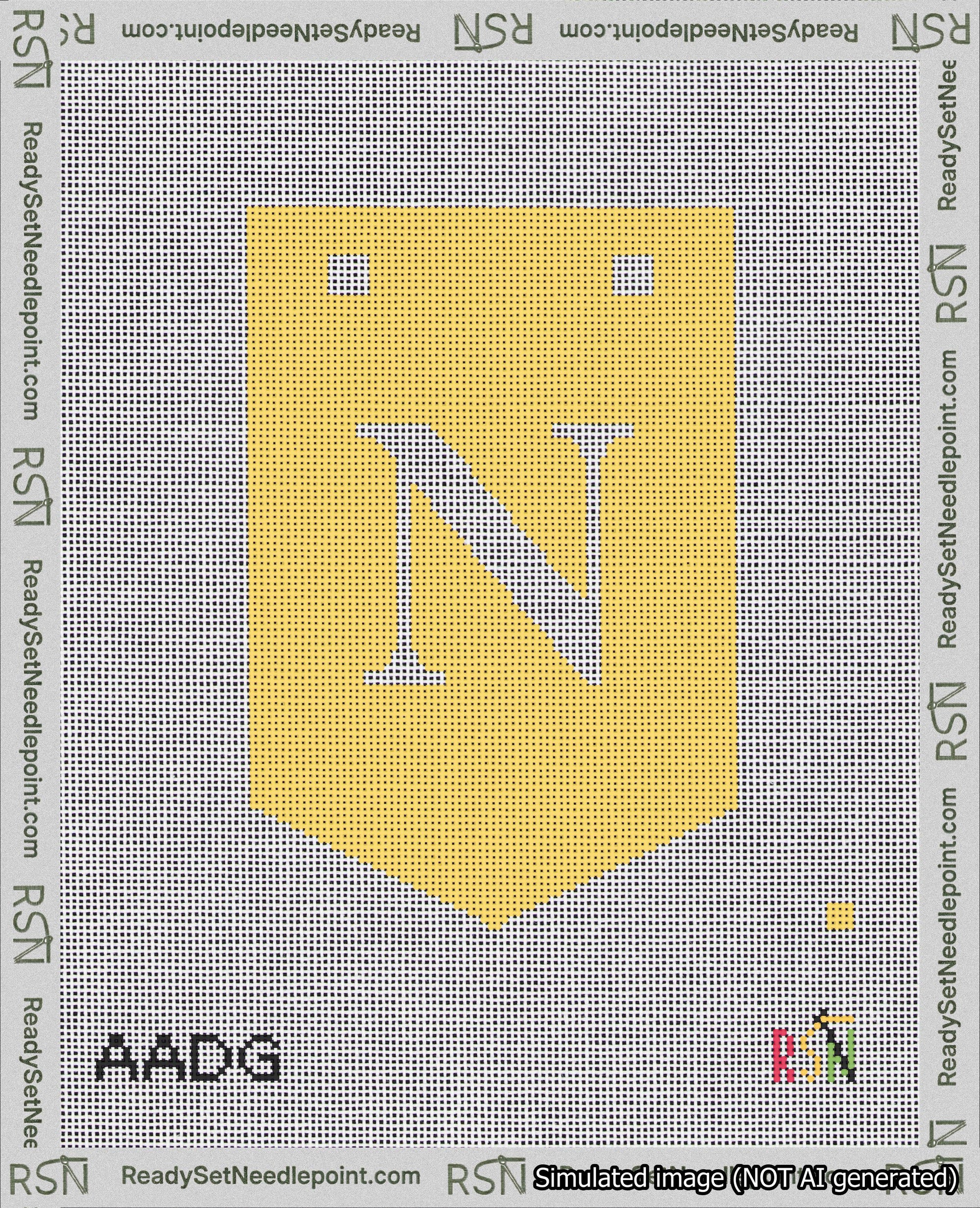 A taped needlepoint canvas with the design: Banner 18 mesh count Pointed N White on Yellow.