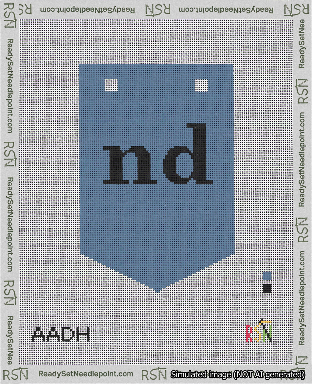 A taped needlepoint canvas with the design: Banner 18 mesh count Pointed nd Black on Blue.