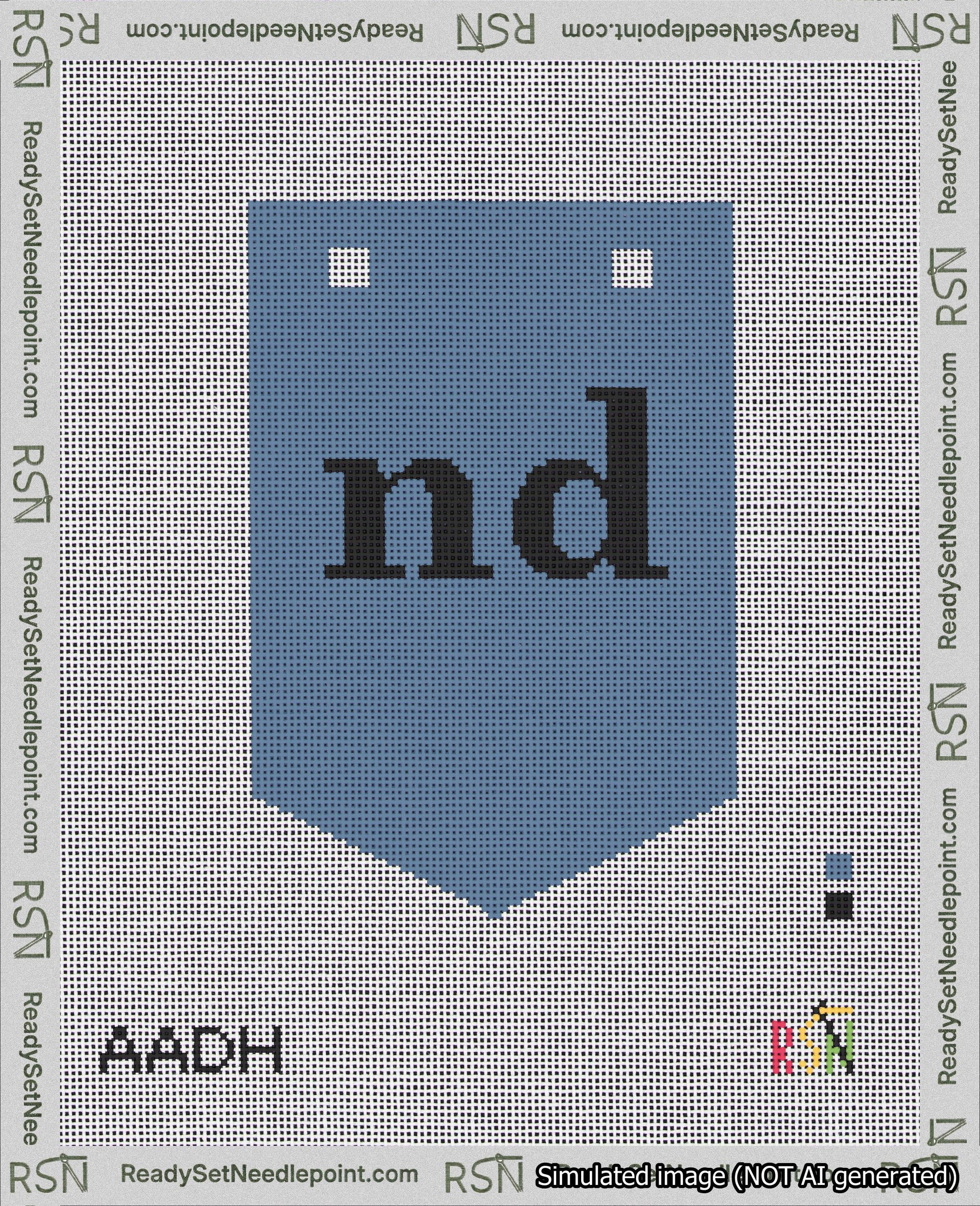 A taped needlepoint canvas with the design: Banner 18 mesh count Pointed nd Black on Blue.