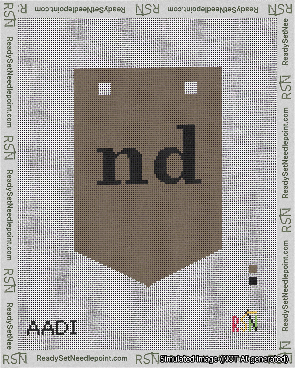A taped needlepoint canvas with the design: Banner 18 mesh count Pointed nd Black on Brown.