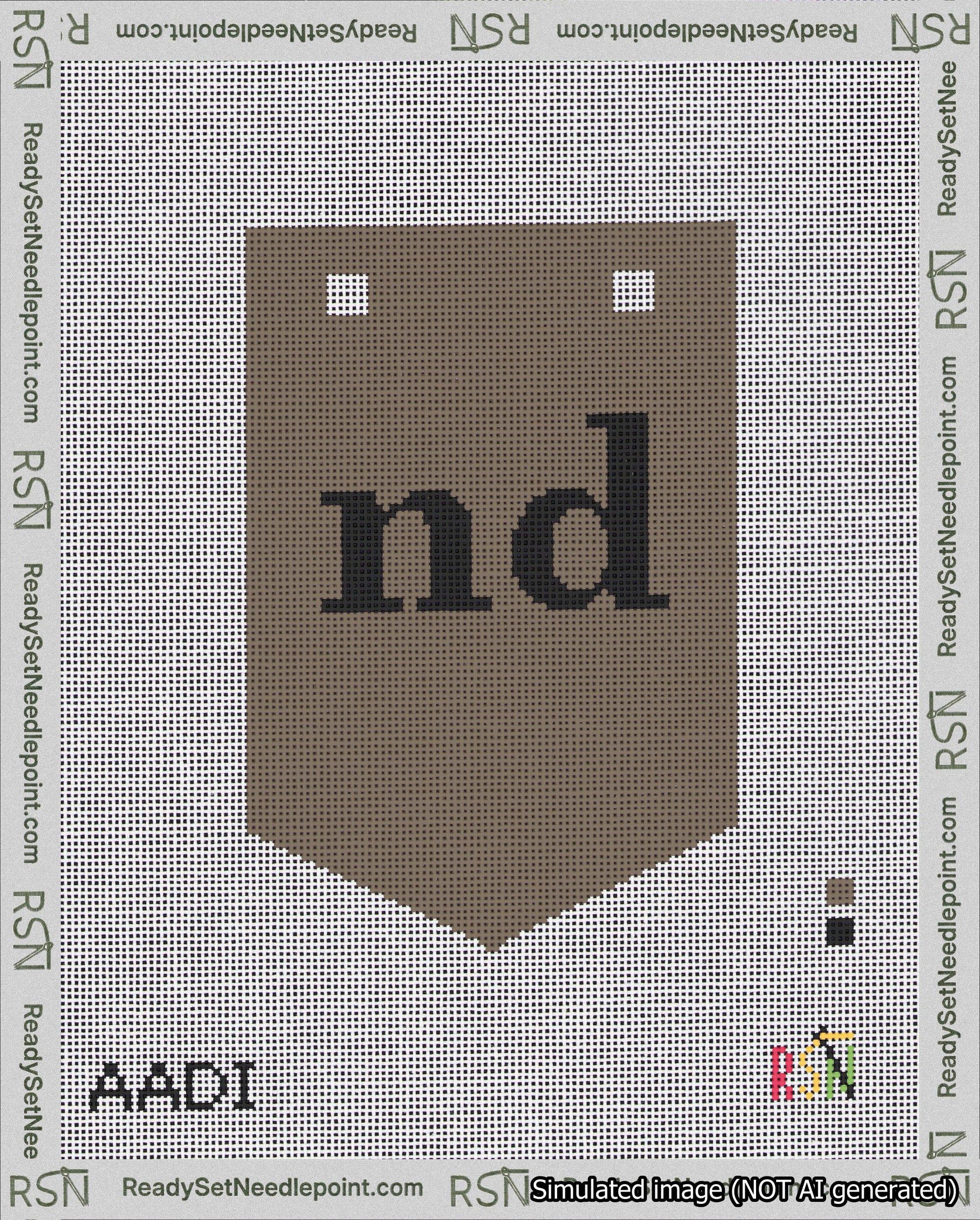 A taped needlepoint canvas with the design: Banner 18 mesh count Pointed nd Black on Brown.