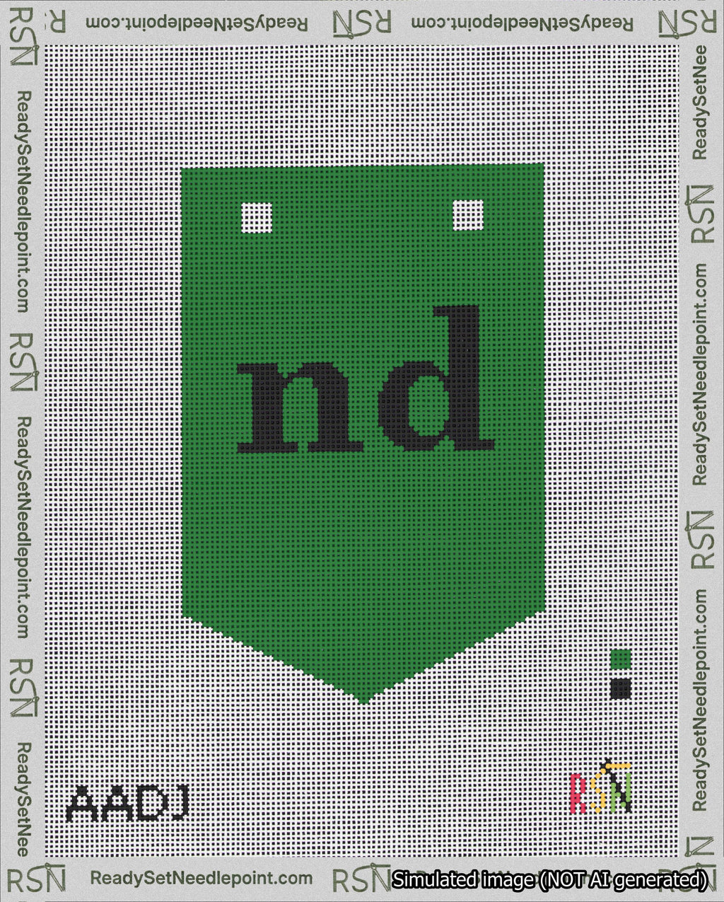 A taped needlepoint canvas with the design: Banner 18 mesh count Pointed nd Black on Green.