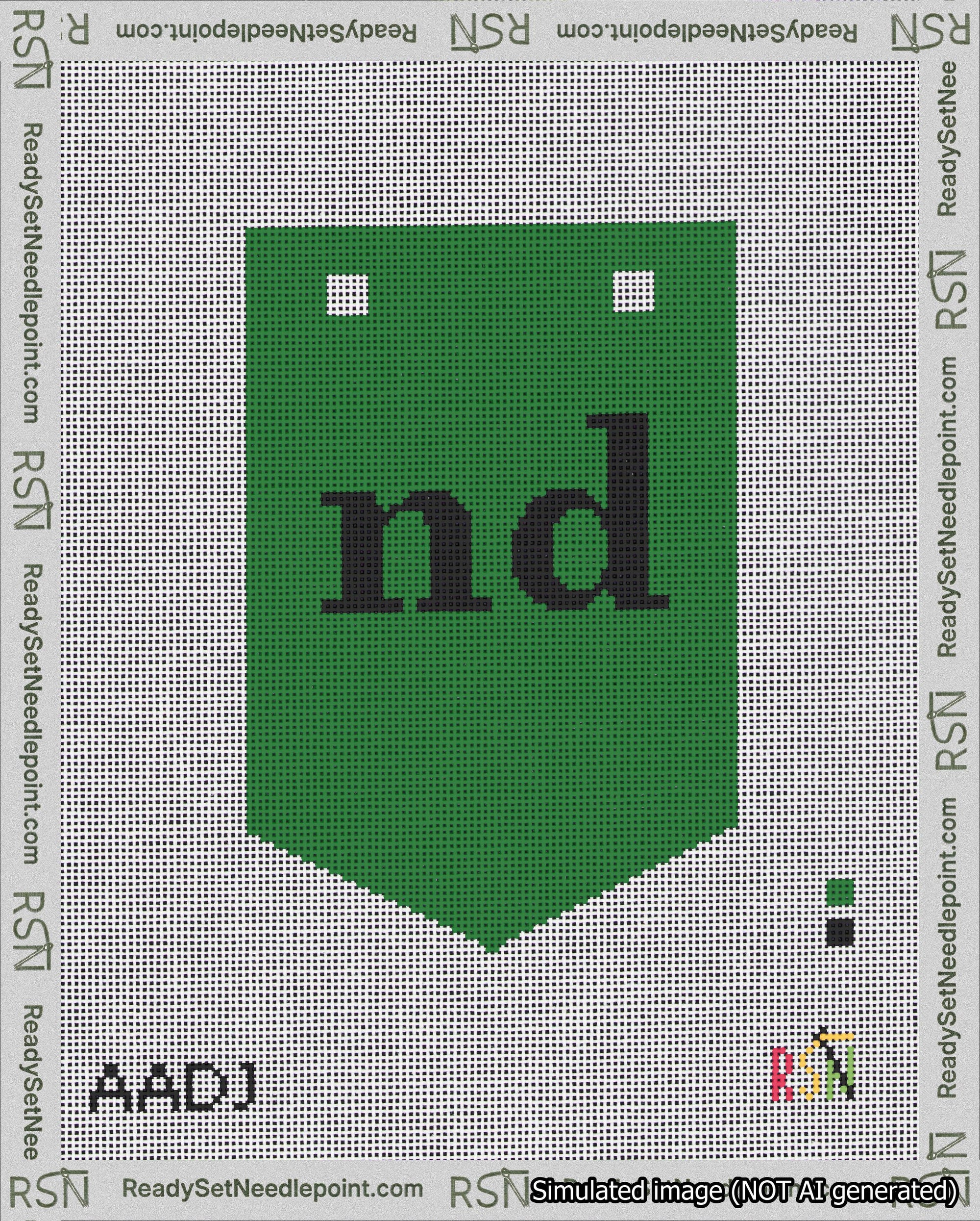 A taped needlepoint canvas with the design: Banner 18 mesh count Pointed nd Black on Green.