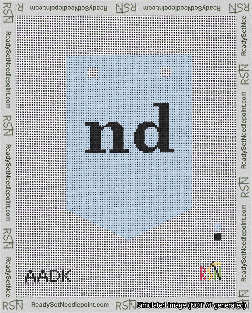 A taped needlepoint canvas with the design: Banner 18 mesh count Pointed nd Black on Light Blue.
