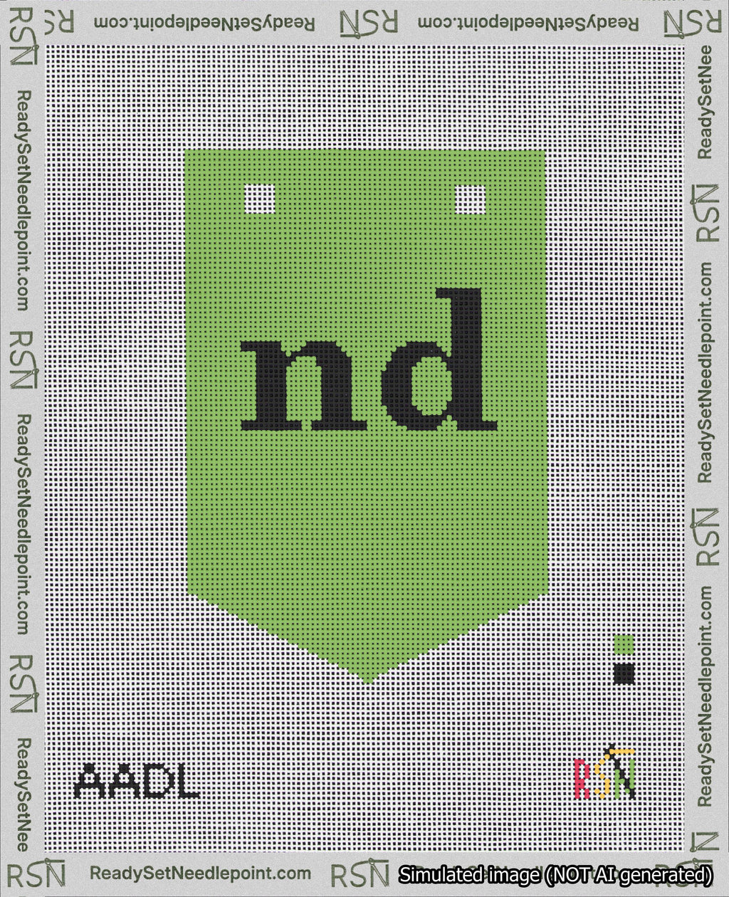 A taped needlepoint canvas with the design: Banner 18 mesh count Pointed nd Black on Light Green.