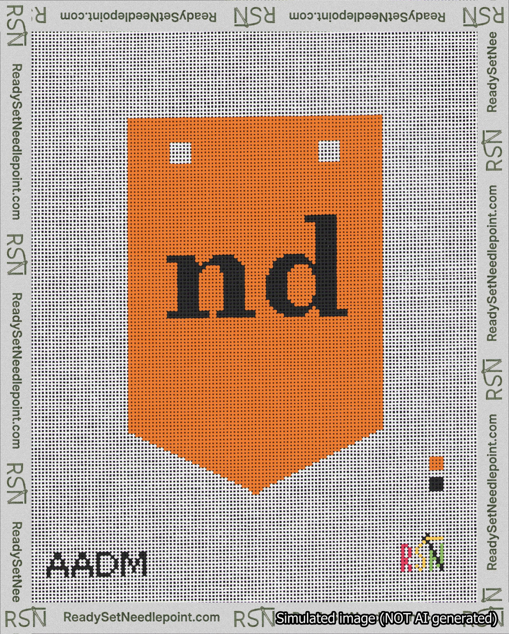 A taped needlepoint canvas with the design: Banner 18 mesh count Pointed nd Black on Orange.
