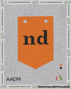 A taped needlepoint canvas with the design: Banner 18 mesh count Pointed nd Black on Orange.