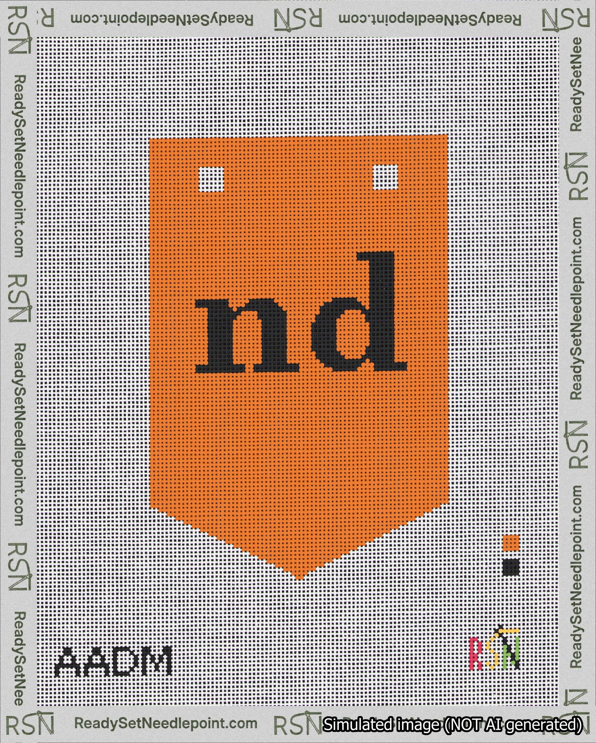 A taped needlepoint canvas with the design: Banner 18 mesh count Pointed nd Black on Orange.