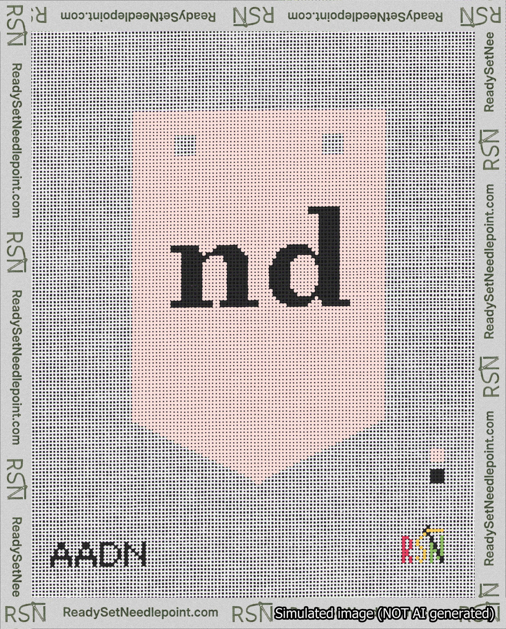A taped needlepoint canvas with the design: Banner 18 mesh count Pointed nd Black on Pink.