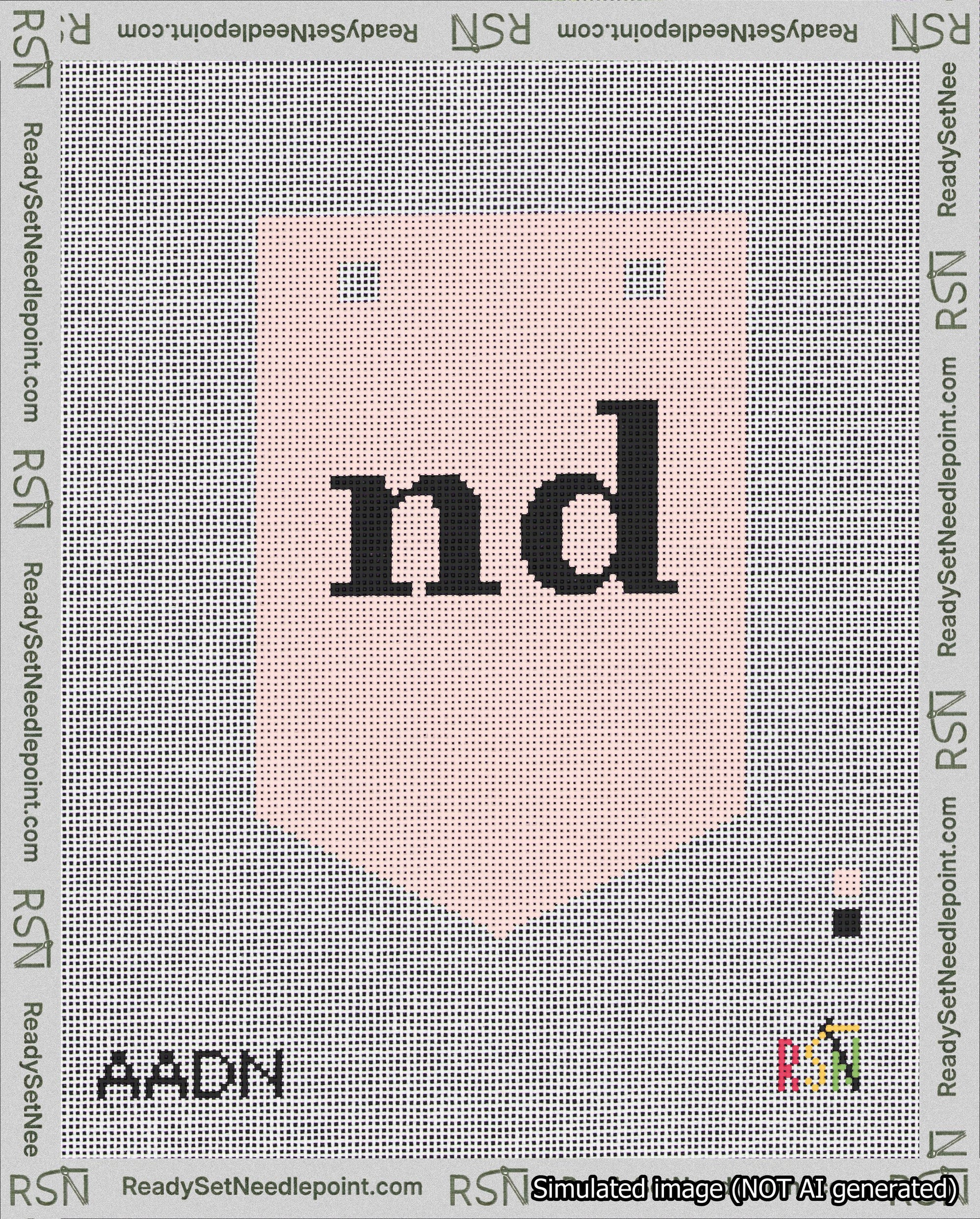 A taped needlepoint canvas with the design: Banner 18 mesh count Pointed nd Black on Pink.