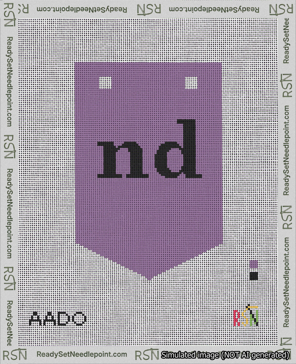 A taped needlepoint canvas with the design: Banner 18 mesh count Pointed nd Black on Purple.