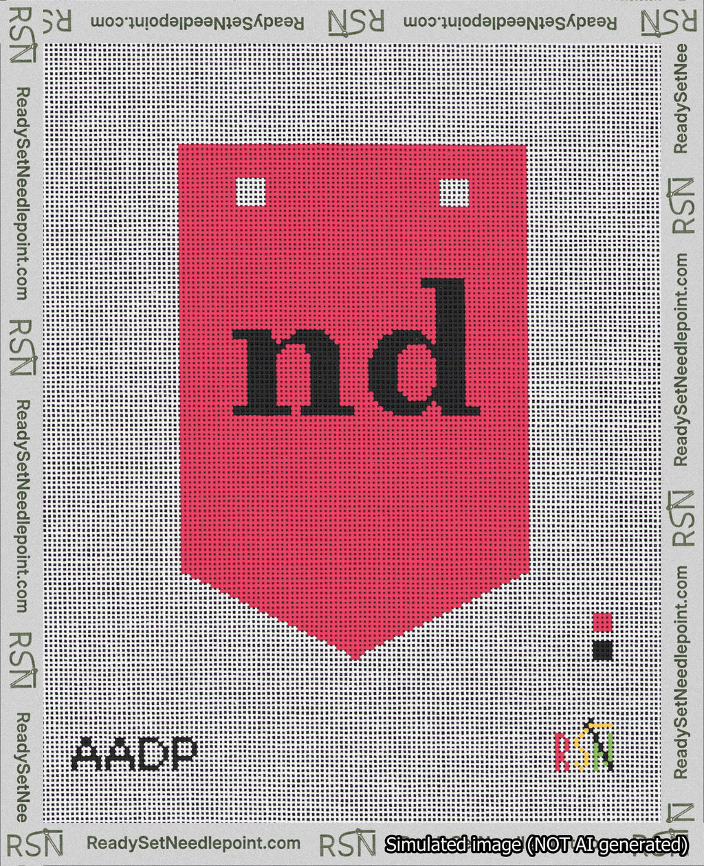 A taped needlepoint canvas with the design: Banner 18 mesh count Pointed nd Black on Red.