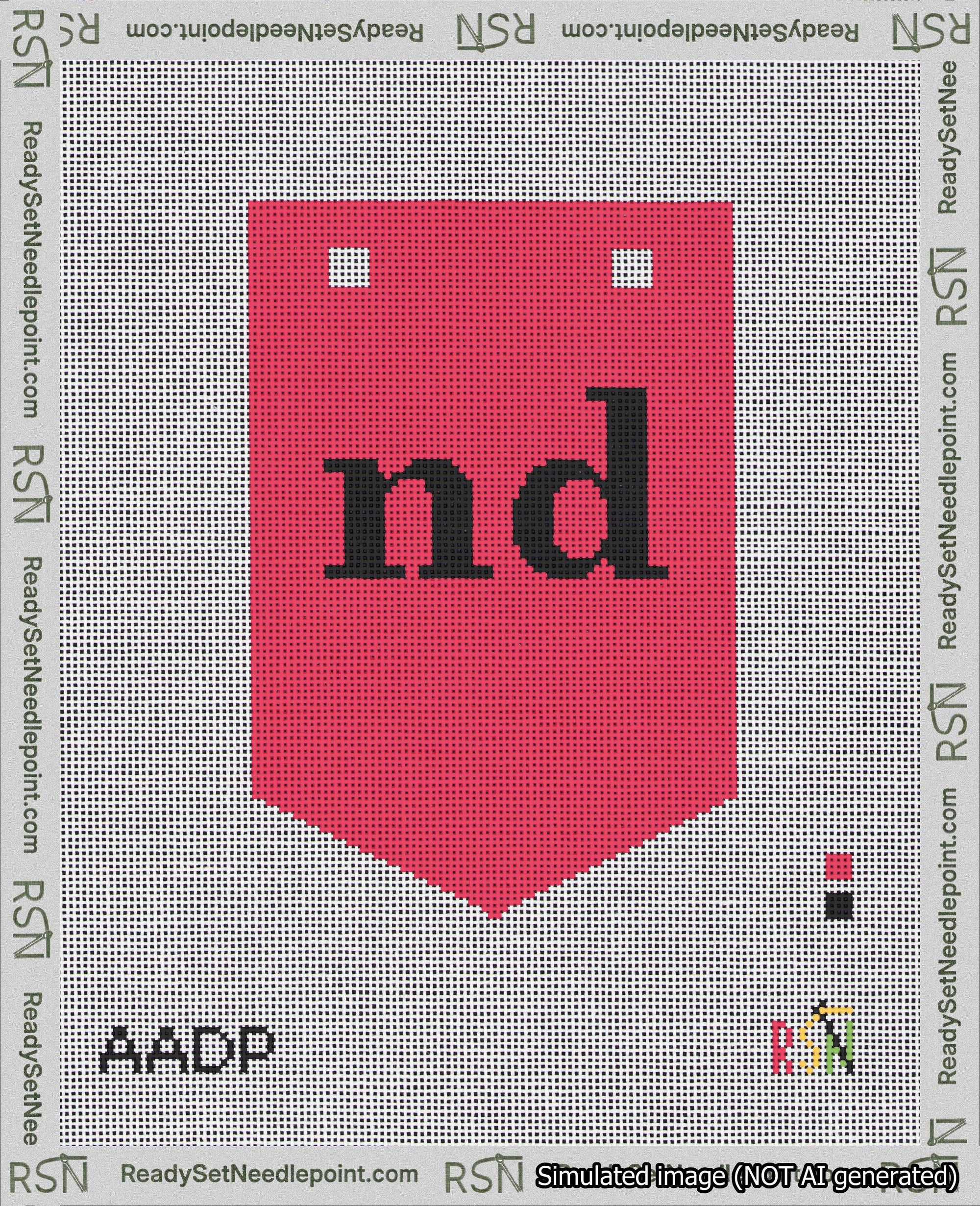 A taped needlepoint canvas with the design: Banner 18 mesh count Pointed nd Black on Red.