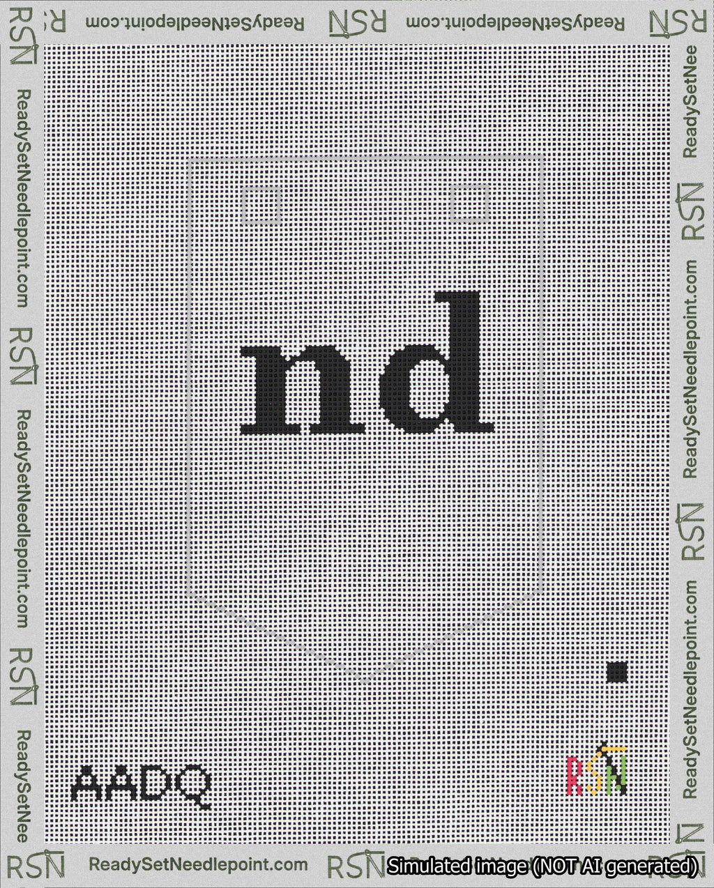 A taped needlepoint canvas with the design: Banner 18 mesh count Pointed nd Black on White.