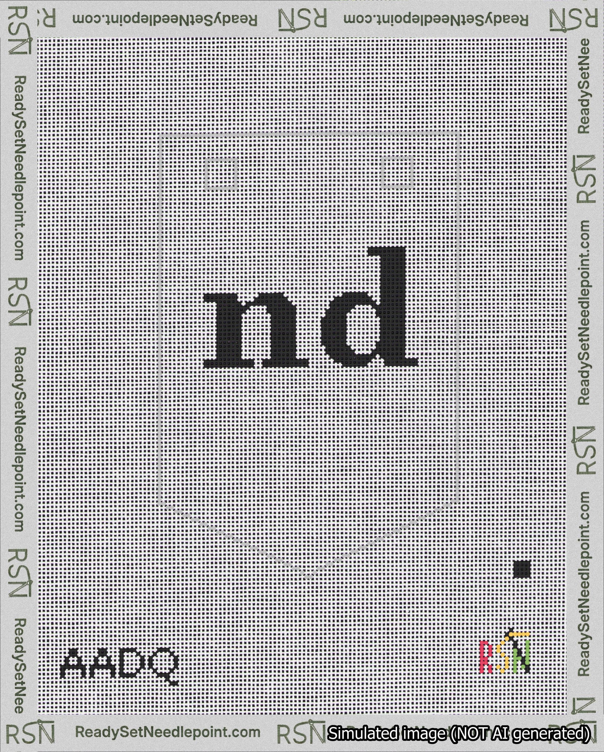 A taped needlepoint canvas with the design: Banner 18 mesh count Pointed nd Black on White.