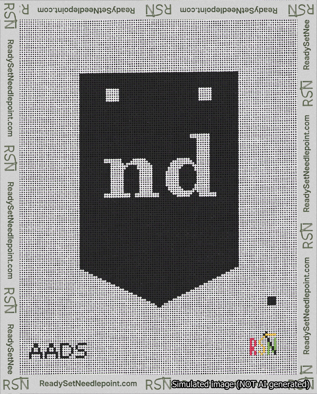 A taped needlepoint canvas with the design: Banner 18 mesh count Pointed nd White on Black.