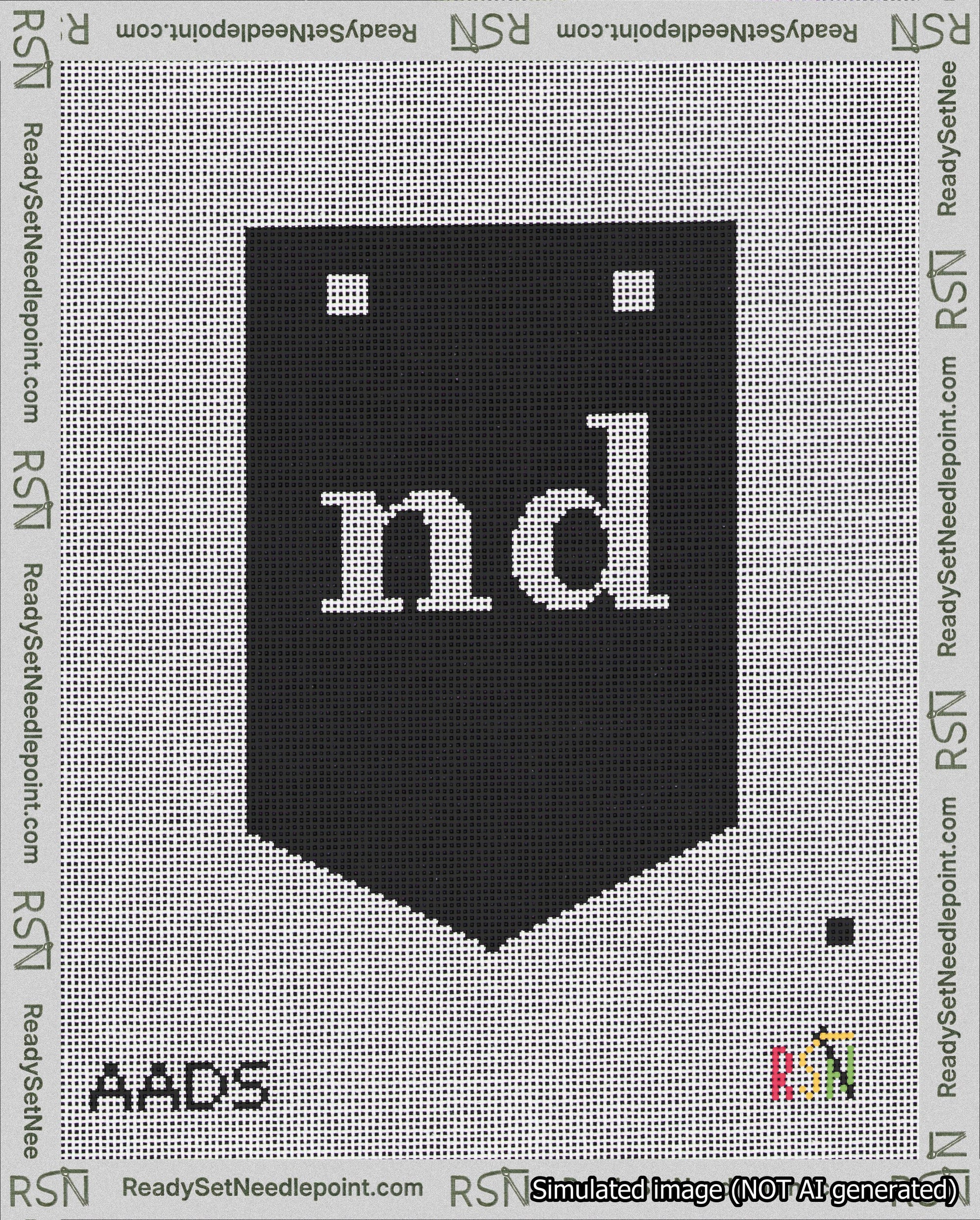 A taped needlepoint canvas with the design: Banner 18 mesh count Pointed nd White on Black.