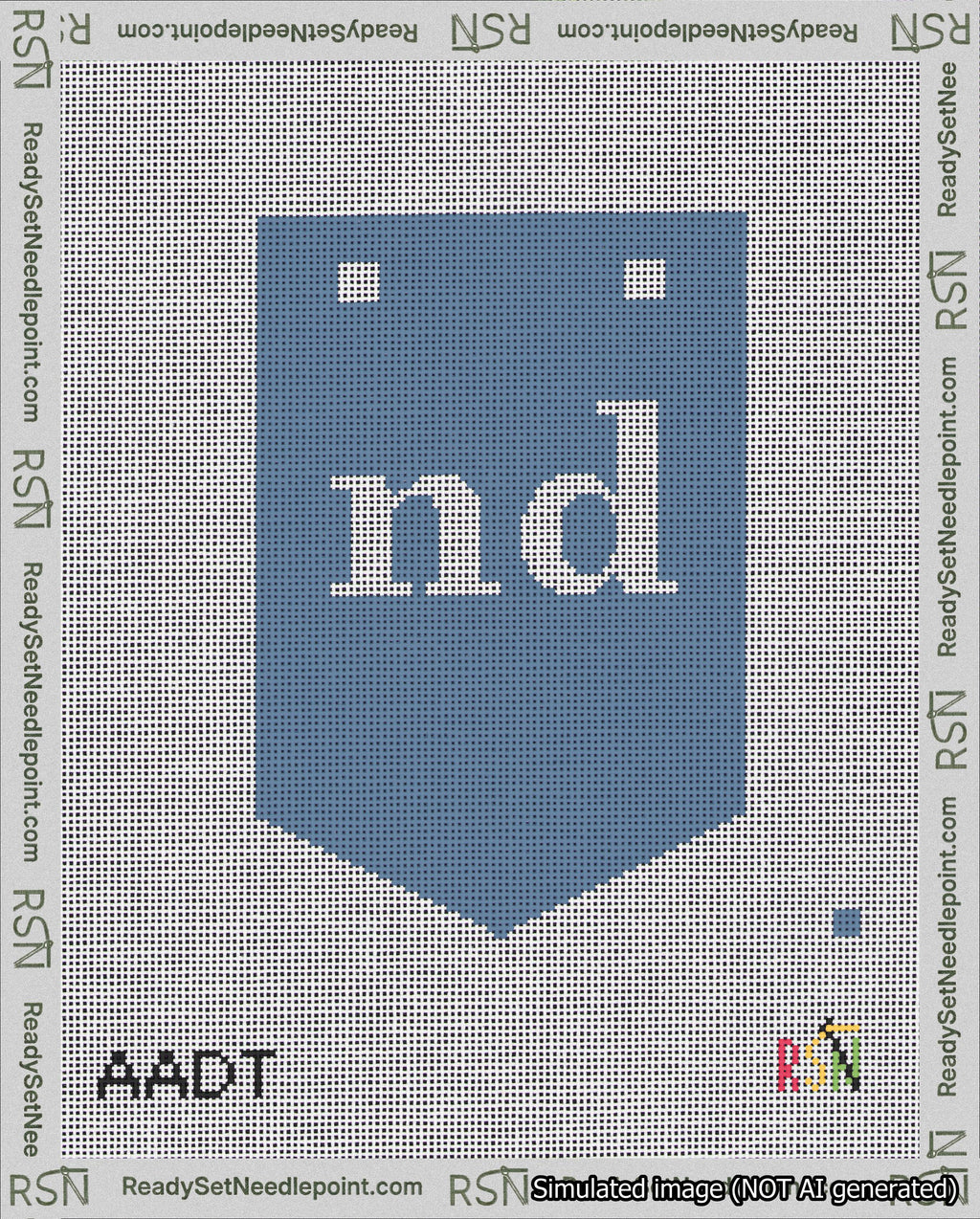A taped needlepoint canvas with the design: Banner 18 mesh count Pointed nd White on Blue.