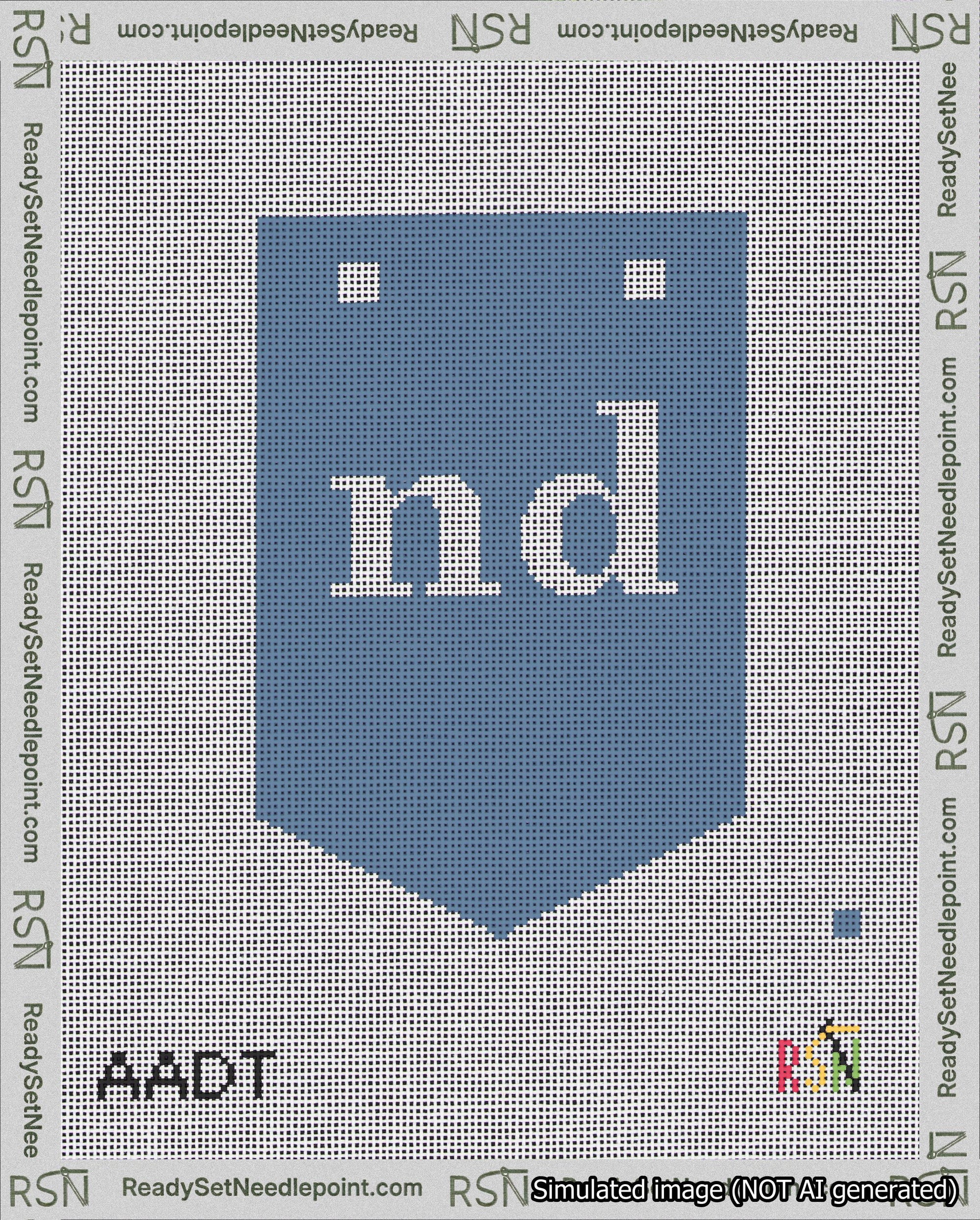 A taped needlepoint canvas with the design: Banner 18 mesh count Pointed nd White on Blue.
