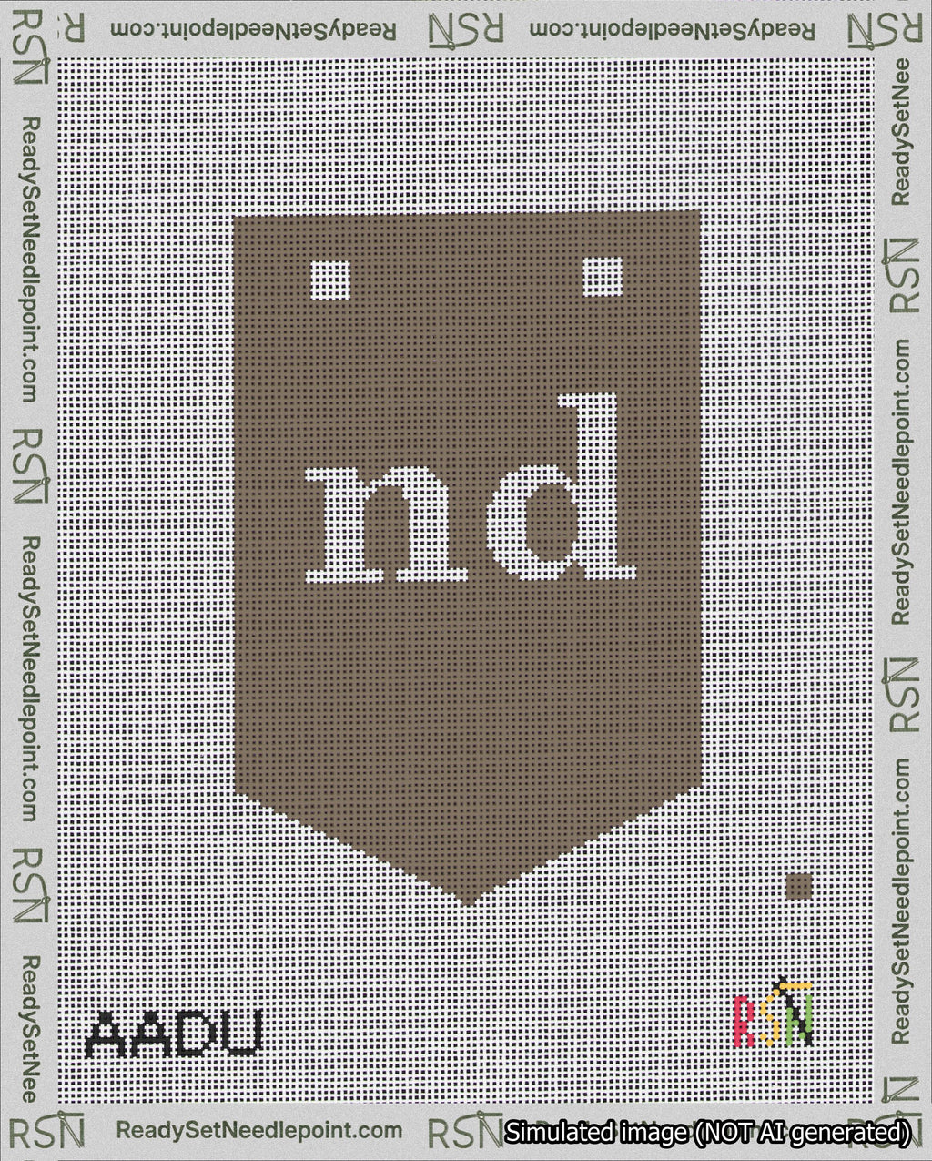 A taped needlepoint canvas with the design: Banner 18 mesh count Pointed nd White on Brown.