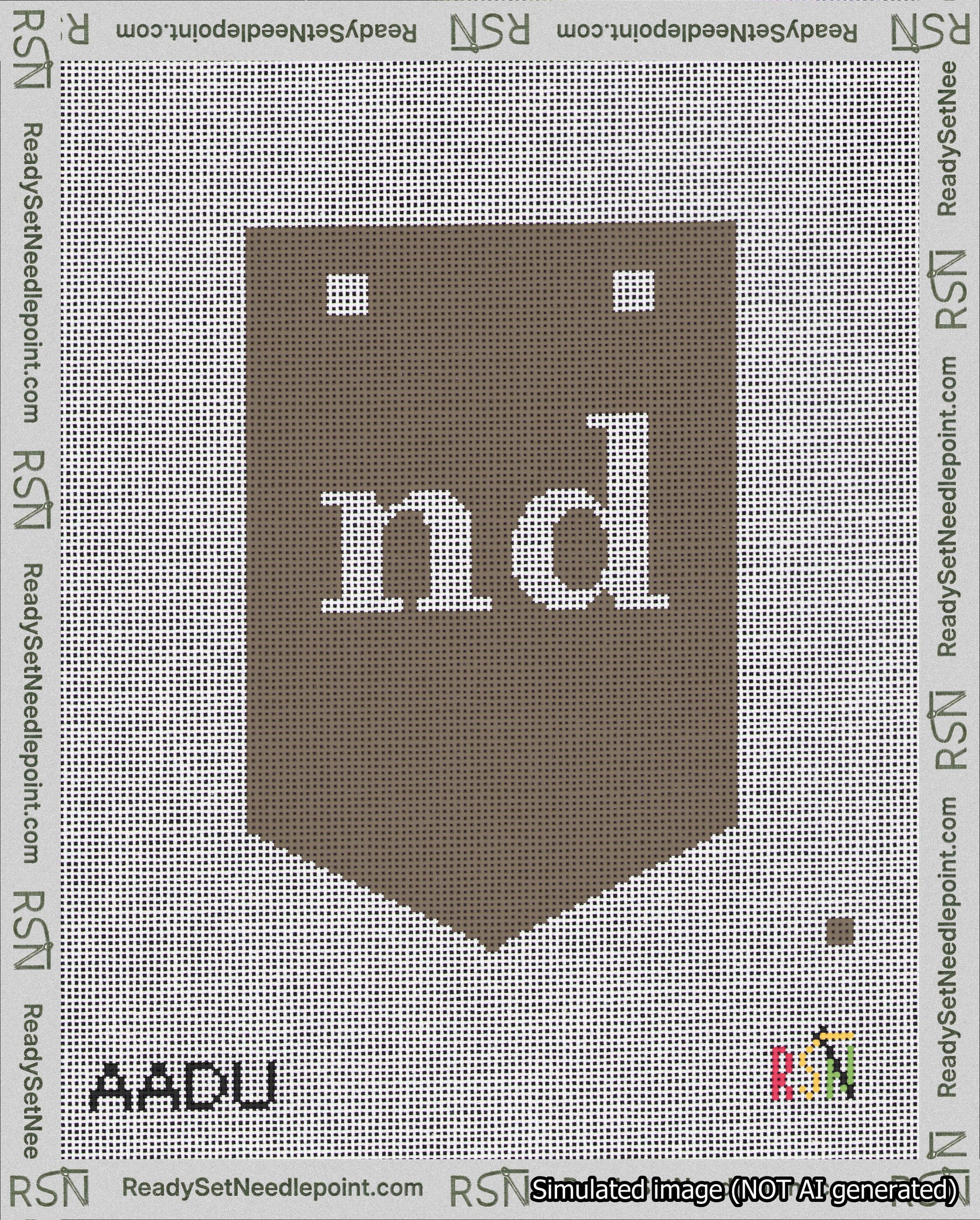 A taped needlepoint canvas with the design: Banner 18 mesh count Pointed nd White on Brown.