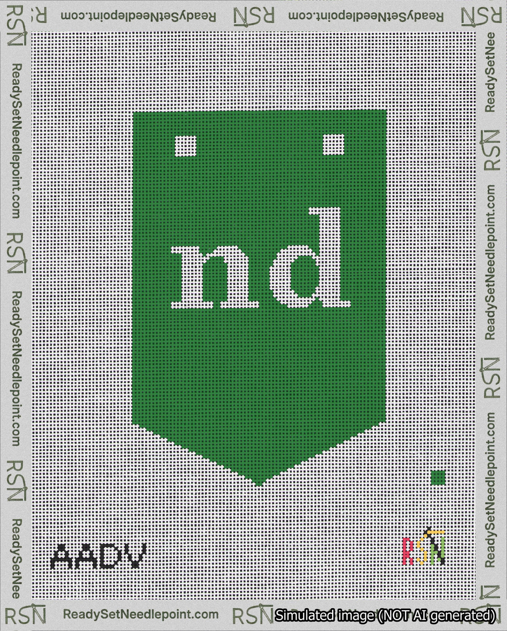 A taped needlepoint canvas with the design: Banner 18 mesh count Pointed nd White on Green.