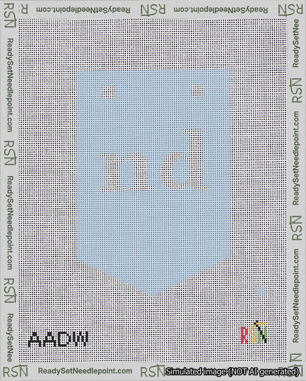 A taped needlepoint canvas with the design: Banner 18 mesh count Pointed nd White on Light Blue.